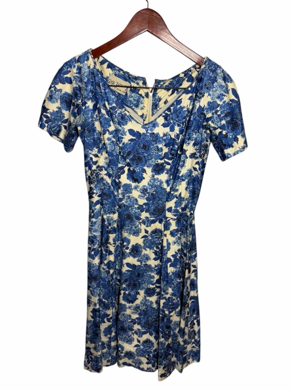 Vtg 50’s GiGi Young Blue Floral V-Neck Sheath Swing Dress 8 - Picture 3 of 8